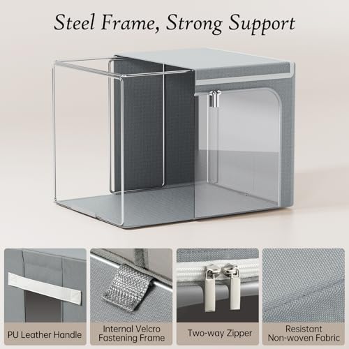 Yecaye Clothes Storage Bins with Metal Frame, Foldable Clothing Storage Bin with Lid, Stackable Oxford Fabric Organizer Box With Clear Window & Zippers & PU Leather Handles (4 Pack,Grey,40L) - Image 5
