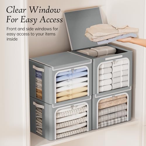 Yecaye Clothes Storage Bins with Metal Frame, Foldable Clothing Storage Bin with Lid, Stackable Oxford Fabric Organizer Box With Clear Window & Zippers & PU Leather Handles (4 Pack,Grey,40L) - Image 4