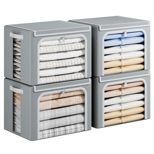 Yecaye Clothes Storage Bins with Metal Frame, Foldable Clothing Storage Bin with Lid, Stackable Oxford Fabric Organizer Box With Clear Window & Zippers & PU Leather Handles (4 Pack,Grey,40L) - Image 1