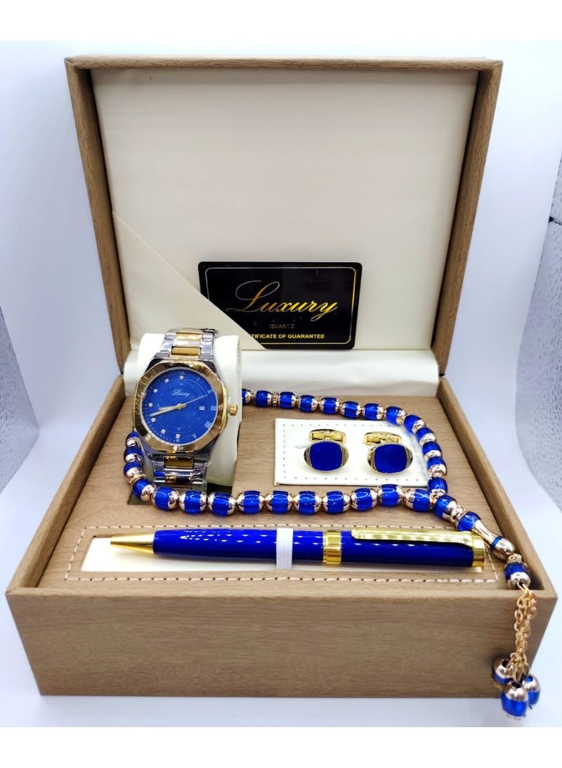لكجر طقم هدية ساعة رجالية راقية و بجودة عالية ساعة, وقلم, وسبحة, وكبك, سوار فضي وذهبي مع ميناء أزرق