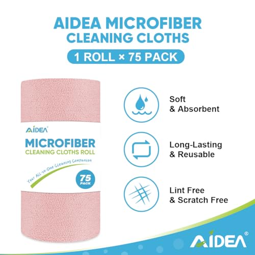 AIDEA Microfiber Cleaning Cloth Roll, 75PK, Tear Away Reusable Paper Towels, Pink Towels Lint Free Rags for House, Kitchen, Car Cleaning Supplies, 11.5"×11.5" - Image 2