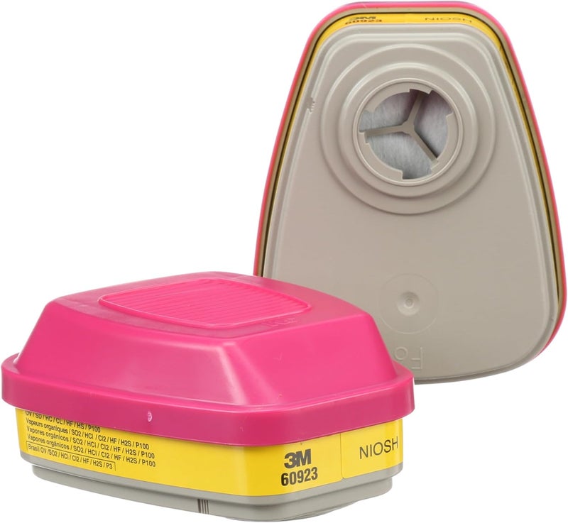 3M P100 Respirator Cartridge/Filter 60923, 1 Pair, NIOSH Approved, Helps Protect Against Organic Vapors, Acid Gases, and Particulates, Magenta, Yellow - Image 1