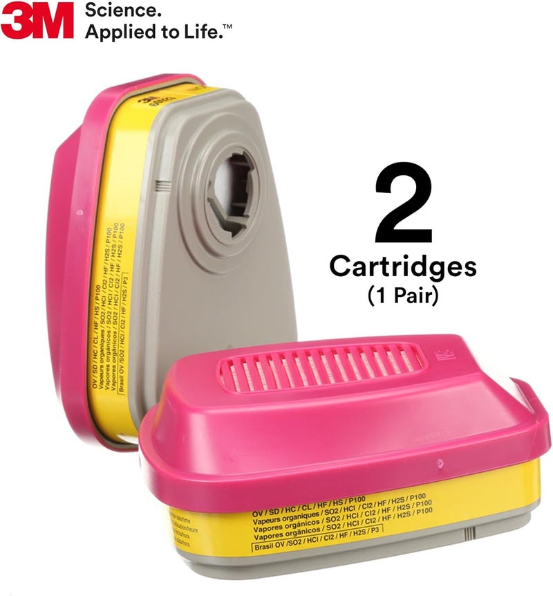 3M P100 Respirator Cartridge/Filter 60923, 1 Pair, NIOSH Approved, Helps Protect Against Organic Vapors, Acid Gases, and Particulates, Magenta, Yellow - Image 5