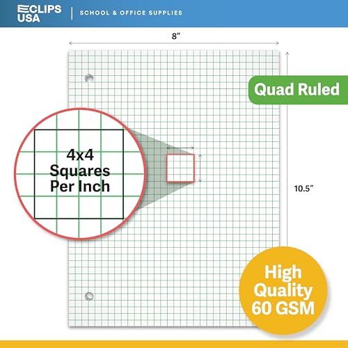 VEEBOOST Graph Paper Loose Leaf Paper Quad Ruled Notebook Paper Quad Ruled 4” x 4” Square Lined Writing Filler Paper 10.5” x 8” 900 Sheets 150 Sheets Per Pack 60 gsm (6 Pack) - Image 3