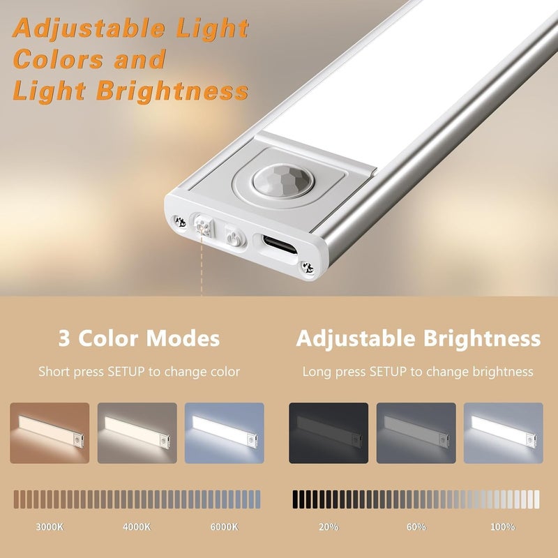 LED Motion Sensor Under Cabinet Light, 2 Pack Magnetic Rechargeable Under Counter Closet Lights, 3-Color Dimmable Night Light Bar for Kitchen, Staircase, Wardrobe, Hallway, Study Light - Image 2