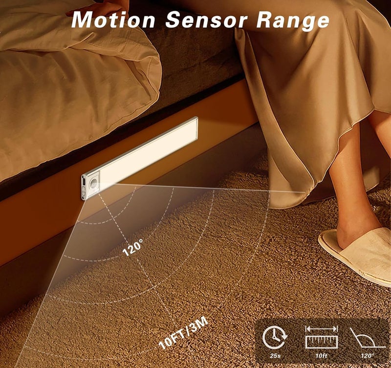LED Motion Sensor Under Cabinet Light, 2 Pack Magnetic Rechargeable Under Counter Closet Lights, 3-Color Dimmable Night Light Bar for Kitchen, Staircase, Wardrobe, Hallway, Study Light - Image 5