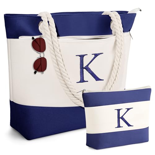 YOOLIFE Birthday Gifts for Women, Personalized Beach Bags for Women, Canvas Tote Bags for Beach Essential Waterproof Sandproof Swim Pool Bag Gifts Large Shopping Tote Bag with Zipper Letter K - Image 1