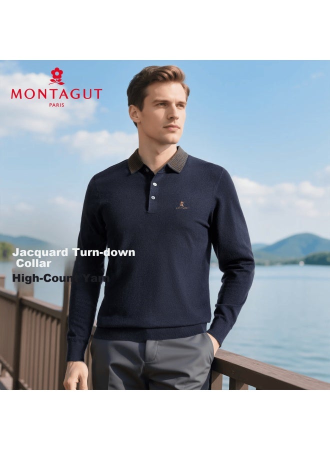 Montagut Men's Jacquard Polo Collar Warm Comfortable Embroidered Wrinkle-resistant Sweater Navy Blue 2XL Spring Festival Autumn Winter Year Of The Horse - Image 1