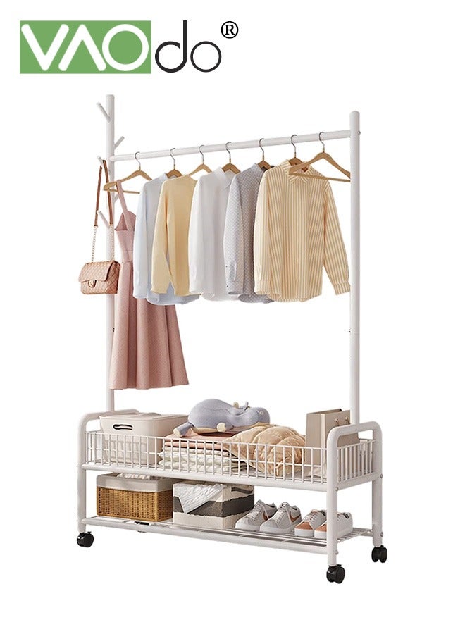 VAOdo Multifunctional Clothes Rack with Wheels Garment Rack with Storage Basket Steel Clothes Shoes Organizer Coat Hanging Rack for Balcony Home Bedroom Living Room  - Image 1
