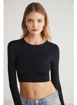 GRIMELANGE Jovana Women's Crew Neck Flexible Long Sleeve Crop Black Blouse  - Image 4