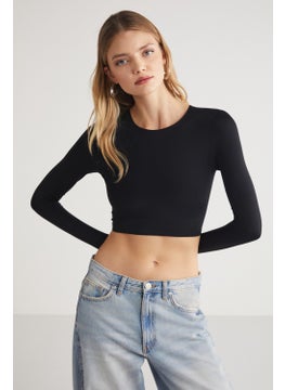 GRIMELANGE Jovana Women's Crew Neck Flexible Long Sleeve Crop Black Blouse  - Image 1