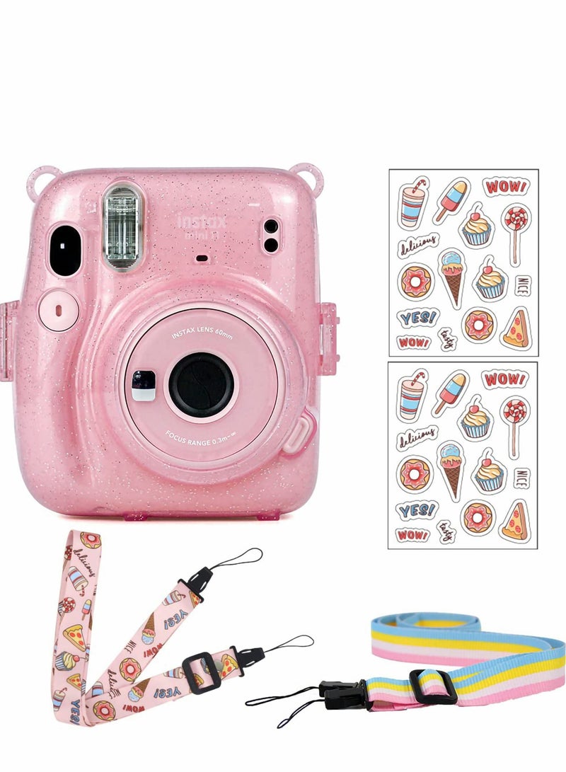 Fujifilm Instax Mini 11 Clear Camera Case with Glitter Pink Anti-Scratch Protection & Colorful Straps - Image 1