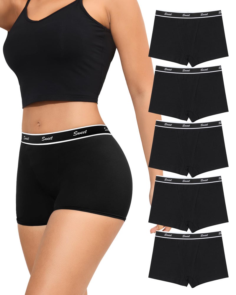 LEVAO Cotton Boy Shorts Underwear for Women High-waisted Full Coverage Boxer Briefs Panties 5 Pack S-XXL Black - Image 1