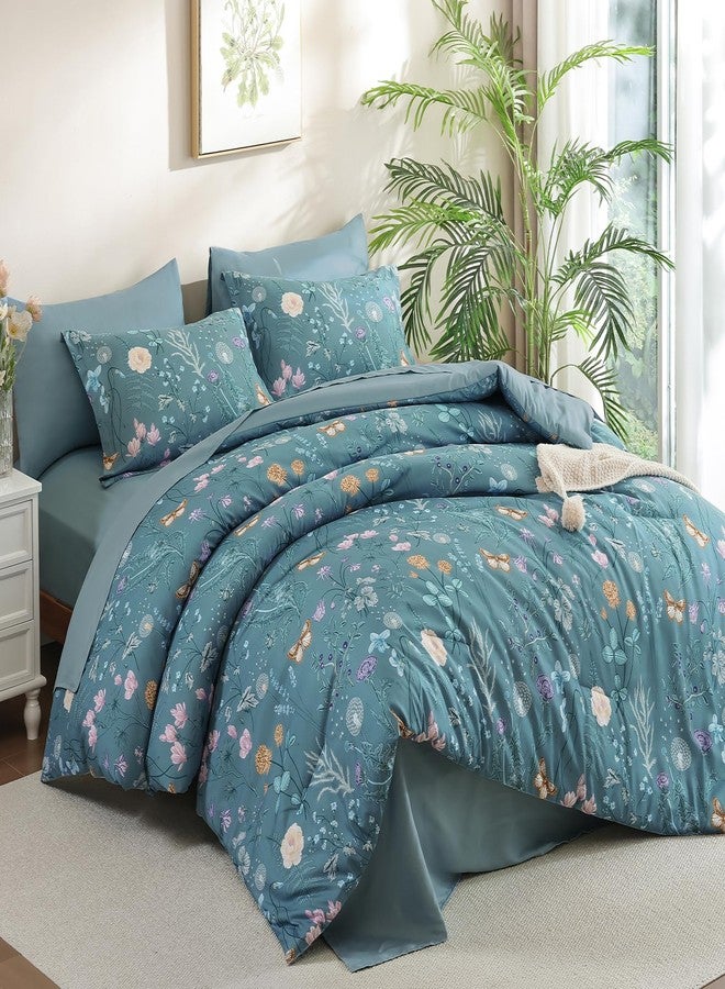 Yiran Queen Comforter Set, 7 Pieces Mineral Blue Floral Soft Bedding Sets, Queen Bed in a Bag with Botanical Flowers All Season Comforter, Sheets, Pillowcases & Shams - Image 2