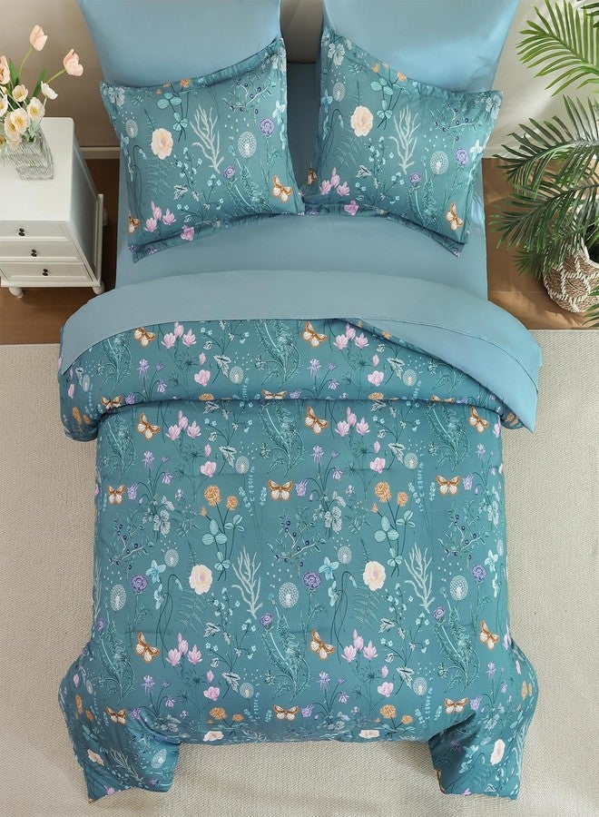 Yiran Queen Comforter Set, 7 Pieces Mineral Blue Floral Soft Bedding Sets, Queen Bed in a Bag with Botanical Flowers All Season Comforter, Sheets, Pillowcases & Shams - Image 5