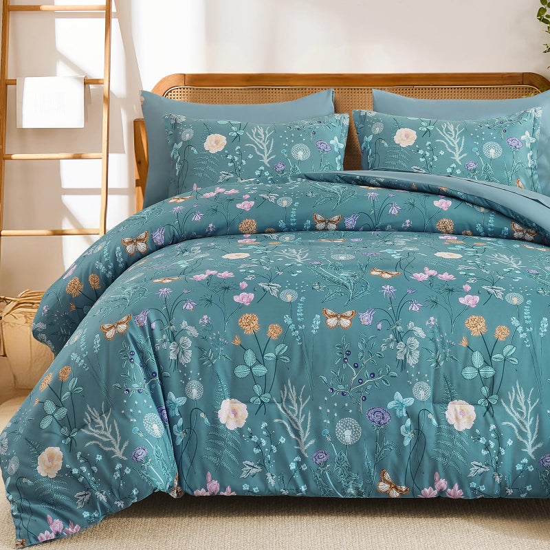 Yiran Queen Comforter Set, 7 Pieces Mineral Blue Floral Soft Bedding Sets, Queen Bed in a Bag with Botanical Flowers All Season Comforter, Sheets, Pillowcases & Shams - Image 1
