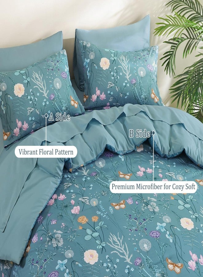 Yiran Queen Comforter Set, 7 Pieces Mineral Blue Floral Soft Bedding Sets, Queen Bed in a Bag with Botanical Flowers All Season Comforter, Sheets, Pillowcases & Shams - Image 3