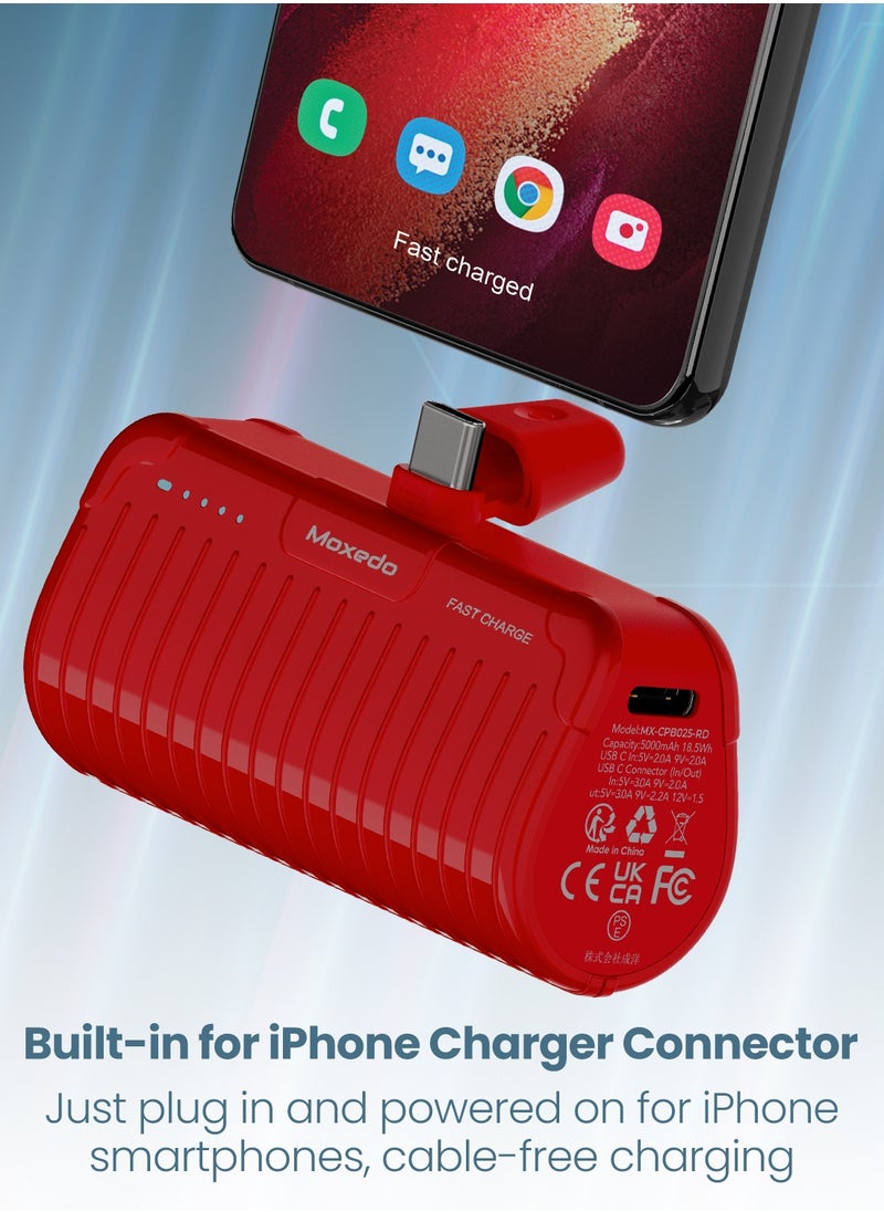 Moxedo Moxedo Capsule 5000 mAh Mini Power Bank 20W Portable Charger Built-in USB-C Connector with Kickstand Compatible for Samsung Galaxy S21 Ultra 5G S20 FE Note 20/10, iPad Pro 2018 and Mac Book (Red)  - Image 2