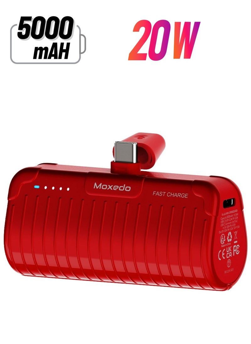 Moxedo Moxedo Capsule 5000 mAh Mini Power Bank 20W Portable Charger Built-in USB-C Connector with Kickstand Compatible for Samsung Galaxy S21 Ultra 5G S20 FE Note 20/10, iPad Pro 2018 and Mac Book (Red)  - Image 1