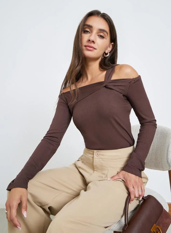 Styli Brown Ribbed Long Sleeve Twist Top