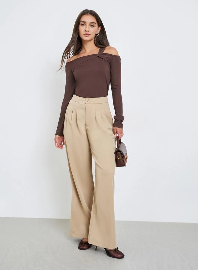 Styli Brown Ribbed Long Sleeve Twist Top