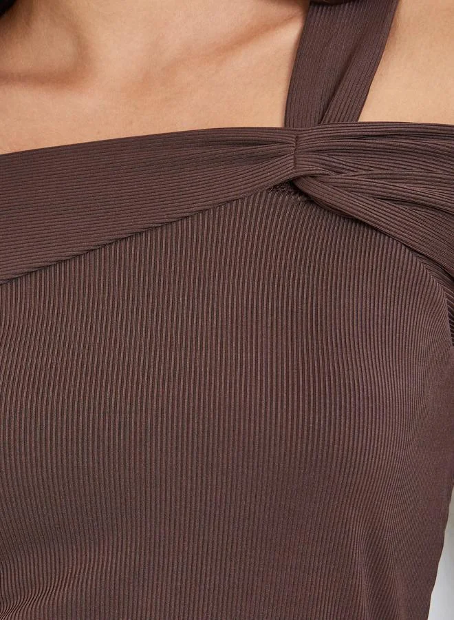 Styli Brown Ribbed Long Sleeve Twist Top