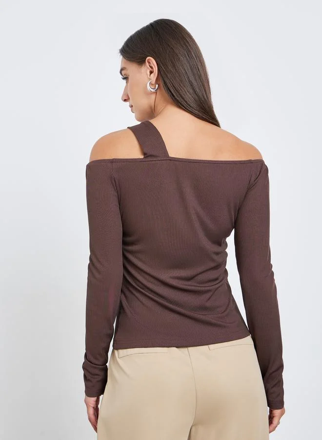 Styli Brown Ribbed Long Sleeve Twist Top