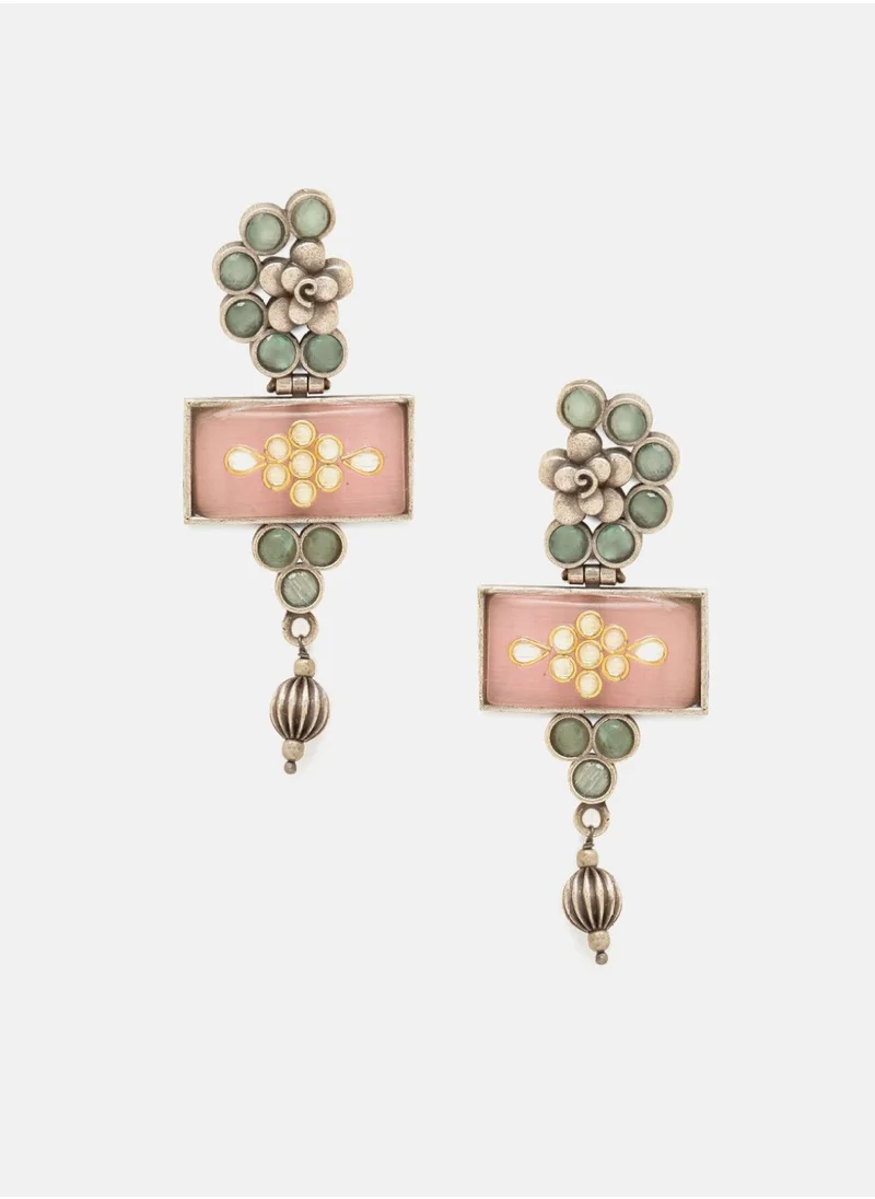 Priyaasi Plated Contemporary Oxidized Kundan Stone Studded Drop Earrings