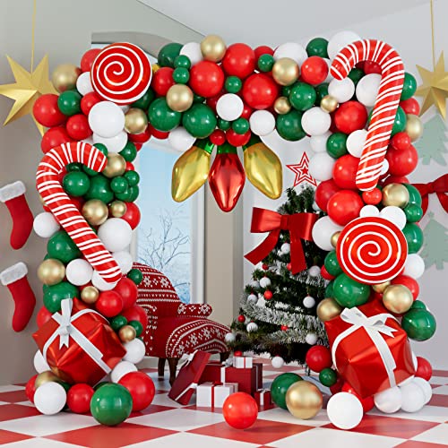 DBKL Balloons 152Pcs Garland Kit for Christmas Red White Green Gold Candy Cane Gift Box Light Bulb Foil Balloons Decorations Party Supplies - Image 1
