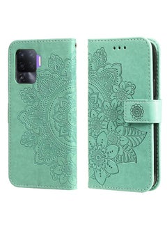 HuHa Case Cover For OPPO A94 4G / F19 Pro / Reno5 F / Reno5 Lite 7-petal Flowers Embossing Pattern Horizontal Flip PU Leather Case with Holder & Card Slots & Wallet & Photo Frame Green 