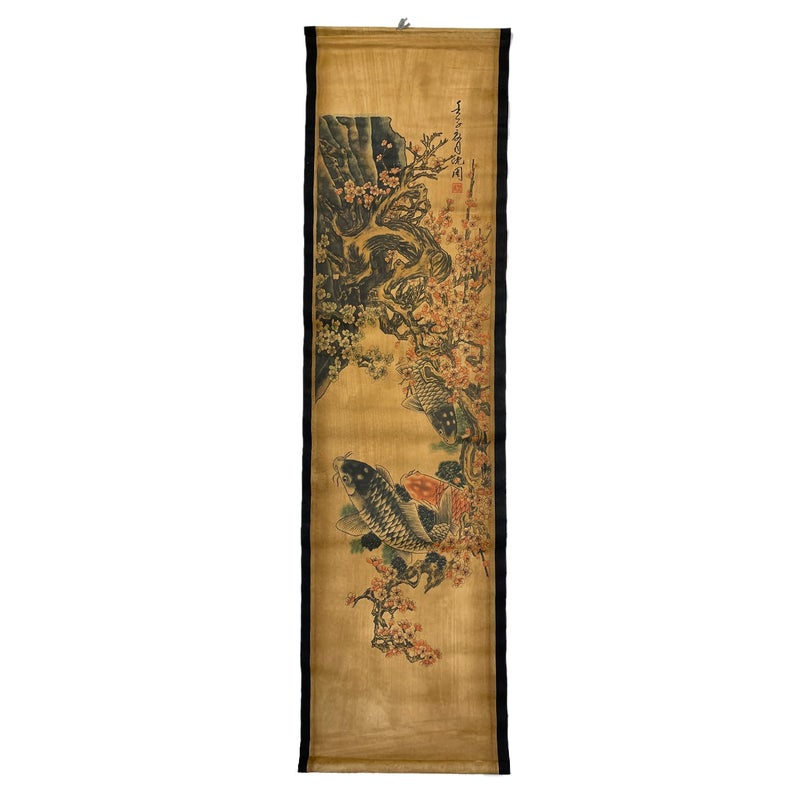 CIFIBIFUN Wall Art Poster Prints Paintings, Hanging Paper Scroll Decor Asia Vintage Aesthetic,for Office Restaurant Winter Plum Blossoms Koi Fish (D4) - Image 1