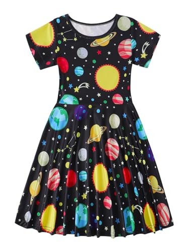 WonderBabe Girls' Dresses Short Sleeve Black Skater DressTwirly Stretch A-line Space Print Kneelength Dress for Toddler Size 7-8 - Image 1