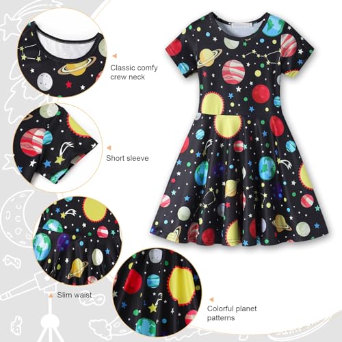WonderBabe Girls' Dresses Short Sleeve Black Skater DressTwirly Stretch A-line Space Print Kneelength Dress for Toddler Size 7-8 - Image 3