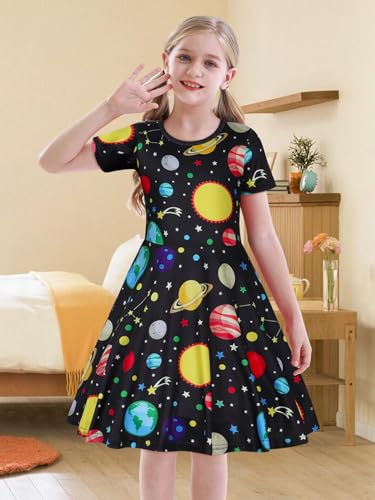 WonderBabe Girls' Dresses Short Sleeve Black Skater DressTwirly Stretch A-line Space Print Kneelength Dress for Toddler Size 7-8 - Image 2