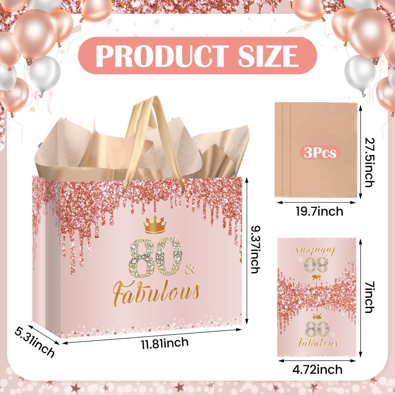Yoirrat Rose Gold 80 & Fabulous 80th Birthday Gift Bag for Women Her Large Pink Happy 80th Birthday Gift Bag with 80th Birthday Wrapping Paper and Card for 80th Birthday Decorations Party Supplies - Image 3