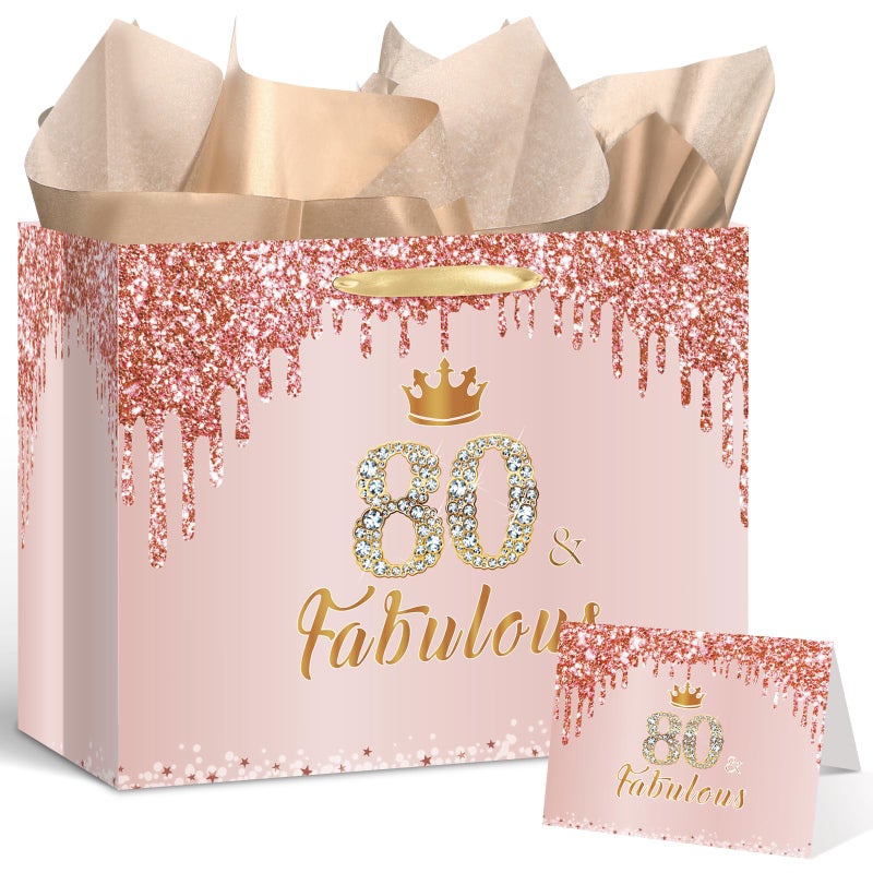Yoirrat Rose Gold 80 & Fabulous 80th Birthday Gift Bag for Women Her Large Pink Happy 80th Birthday Gift Bag with 80th Birthday Wrapping Paper and Card for 80th Birthday Decorations Party Supplies - Image 1