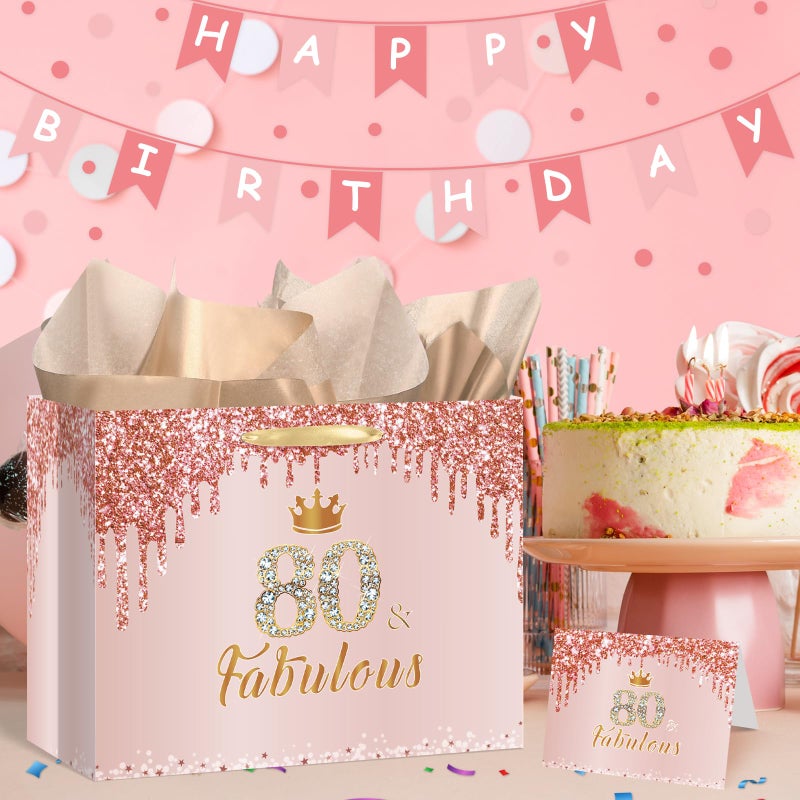 Yoirrat Rose Gold 80 & Fabulous 80th Birthday Gift Bag for Women Her Large Pink Happy 80th Birthday Gift Bag with 80th Birthday Wrapping Paper and Card for 80th Birthday Decorations Party Supplies - Image 2