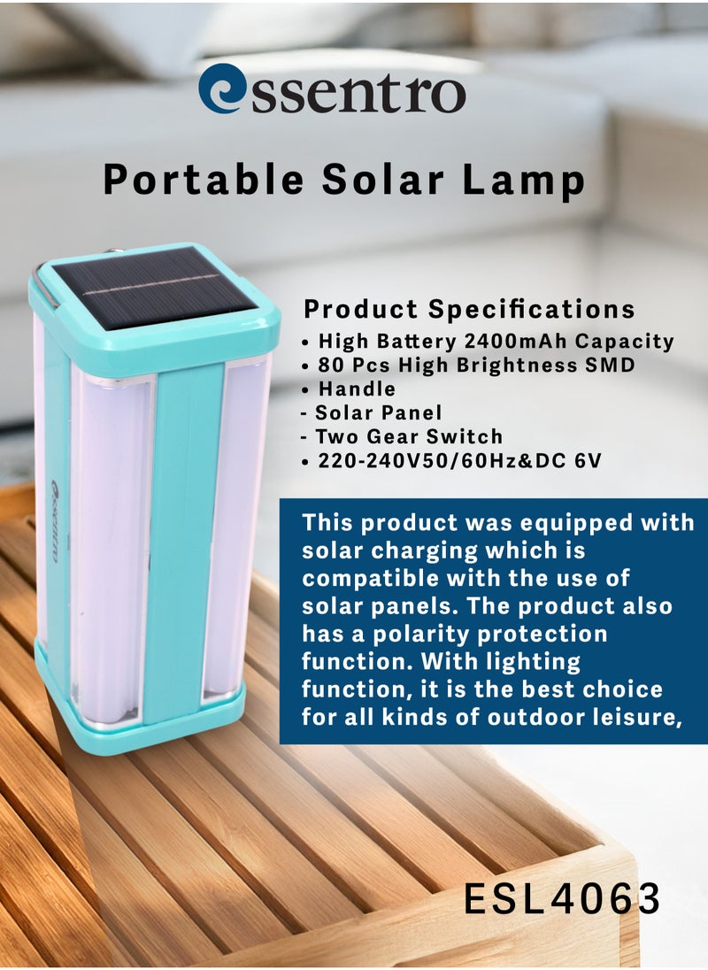 ESSENTRO Portable Solar Emergency Light – 2400mAh High-Capacity Rechargeable Lamp with Handle, Solar Panel, Dual Brightness Modes & Lightning Feature  - Image 2
