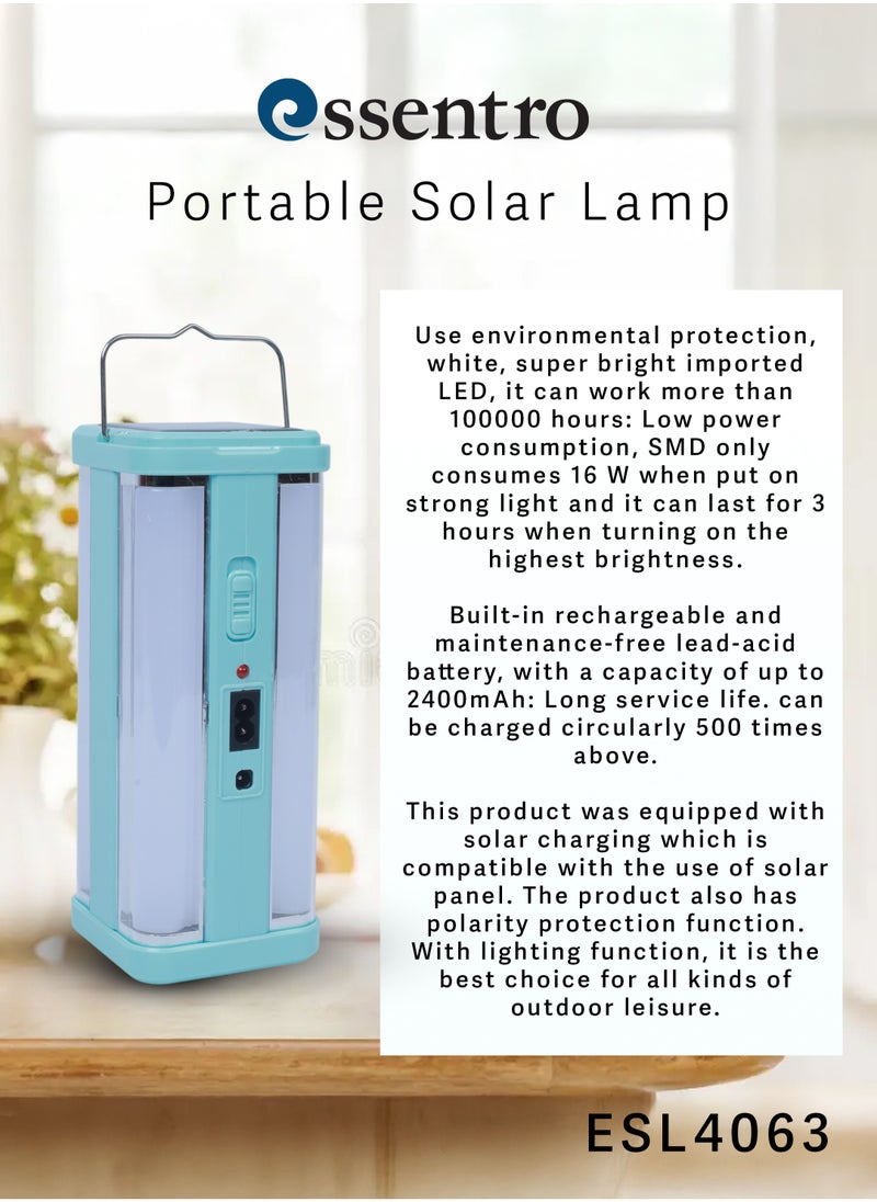 ESSENTRO Portable Solar Emergency Light – 2400mAh High-Capacity Rechargeable Lamp with Handle, Solar Panel, Dual Brightness Modes & Lightning Feature  - Image 3