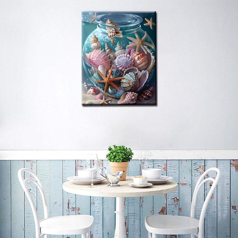 Tucocoo Shells and Star Fish in a Glass Jar Paint By Bumbers for Adults Night Ocean Sea Landscape DIY Paint by Numbers Acrylic Paint Canvas Sea Ocean Scenery Painting Kits Art 16x20 Inchwithout Frame - Image 3