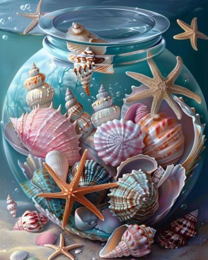 Tucocoo Shells and Star Fish in a Glass Jar Paint By Bumbers for Adults Night Ocean Sea Landscape DIY Paint by Numbers Acrylic Paint Canvas Sea Ocean Scenery Painting Kits Art 16x20 Inchwithout Frame - Image 1