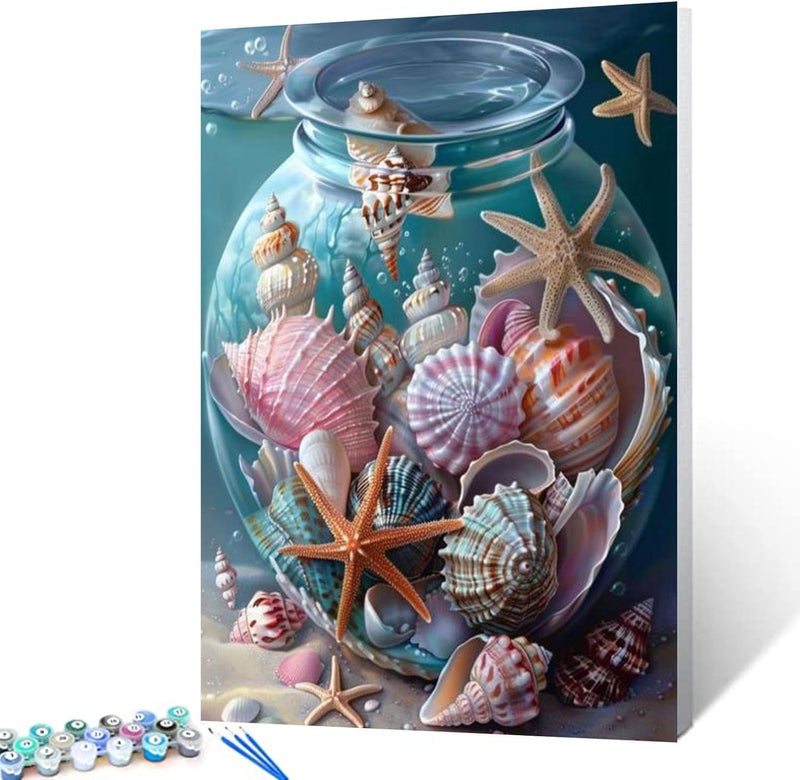 Tucocoo Shells and Star Fish in a Glass Jar Paint By Bumbers for Adults Night Ocean Sea Landscape DIY Paint by Numbers Acrylic Paint Canvas Sea Ocean Scenery Painting Kits Art 16x20 Inchwithout Frame - Image 2