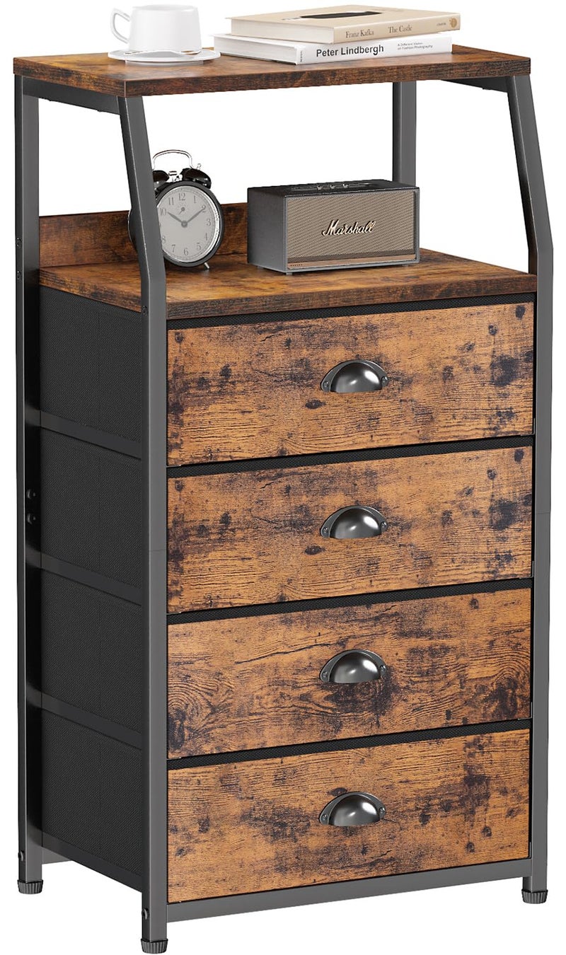 Furnulem Night Stand Tall 4 Drawers Dresser for Bedroom Hallway Nursery Closet Organizer Nightstand Bedside Table Furniture Vertical Storage Tower Fabric Sturdy Steel Frame Wood Top