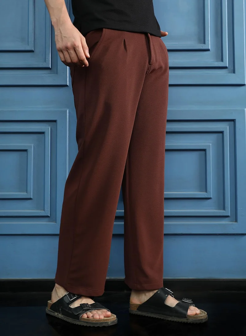 CAHOOT  Men Ribbed Straight-Fit Trousers | Mid-Rise, Straight-Fit | Button Closure, Straight Hem | Solid Ribbed | Woven Fabric For Office & Casual Wear | Chestnut Brown for Men | Best Price UAE