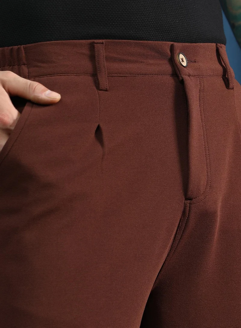 CAHOOT  Men Ribbed Straight-Fit Trousers | Mid-Rise, Straight-Fit | Button Closure, Straight Hem | Solid Ribbed | Woven Fabric For Office & Casual Wear | Chestnut Brown for Men | Best Price UAE