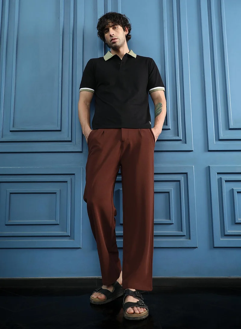 CAHOOT  Men Ribbed Straight-Fit Trousers | Mid-Rise, Straight-Fit | Button Closure, Straight Hem | Solid Ribbed | Woven Fabric For Office & Casual Wear | Chestnut Brown for Men | Best Price UAE