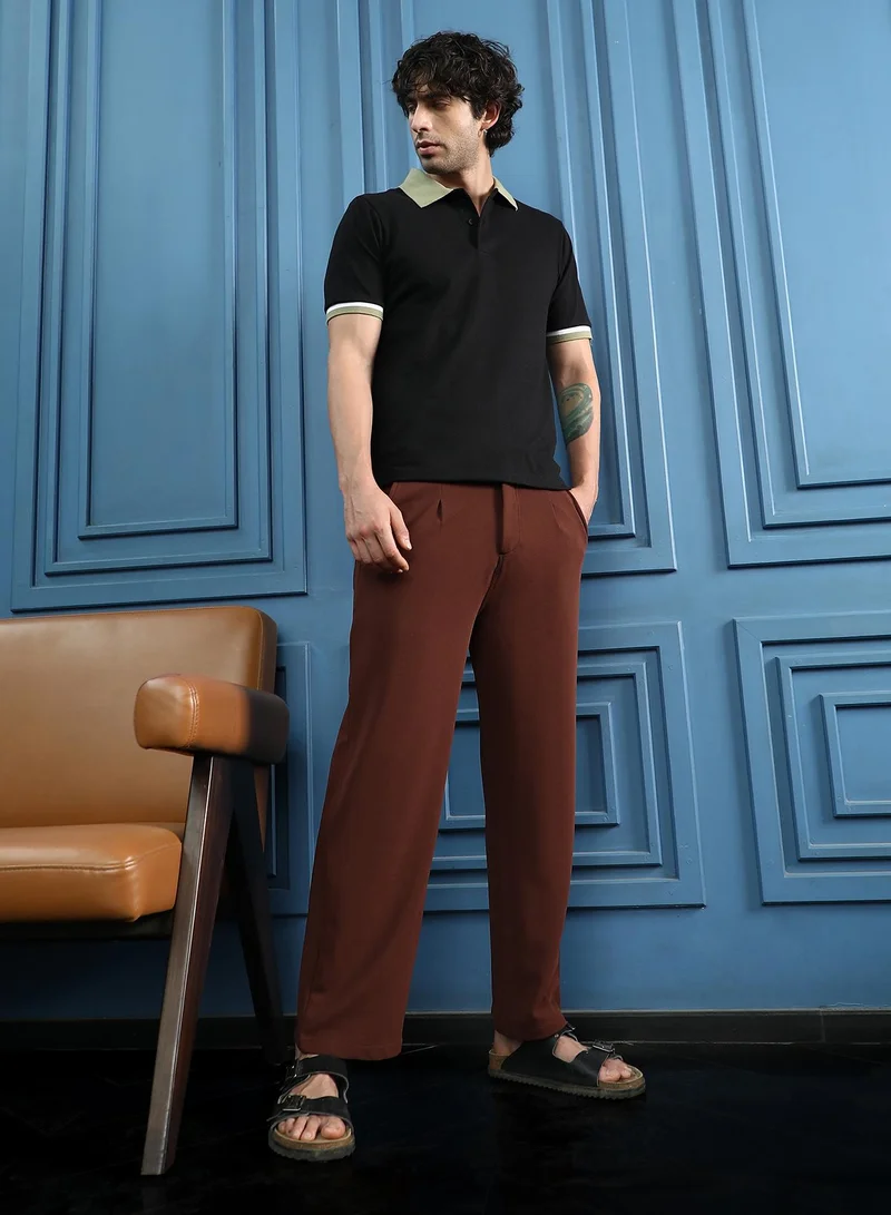 CAHOOT  Men Ribbed Straight-Fit Trousers | Mid-Rise, Straight-Fit | Button Closure, Straight Hem | Solid Ribbed | Woven Fabric For Office & Casual Wear | Chestnut Brown for Men | Best Price UAE