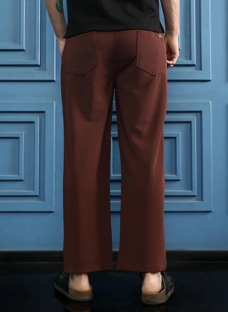 CAHOOT  Men Ribbed Straight-Fit Trousers | Mid-Rise, Straight-Fit | Button Closure, Straight Hem | Solid Ribbed | Woven Fabric For Office & Casual Wear | Chestnut Brown for Men | Best Price UAE