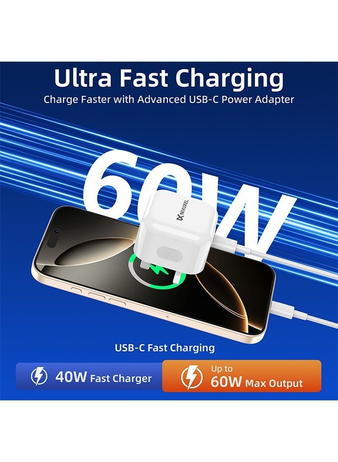 نيفوكسيل 40 واط شاحن طاقة ديناميكي USB-C مع شحن سريع بقدرة قصوى 60 واط – مقبس شحن جداري سريع لهواتف iPhone 17 / 17 Pro / 17 Pro Max، وأجهزة iPad وMacBook Air - Image 2