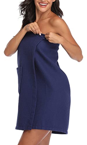 sunshinemall Women's Lightweight Bath Shower Wrap Waffle Spa Robes Bathrobe Quick Dry Cover Up with Adjustable Closure, Navy, Small/Medium - Image 1